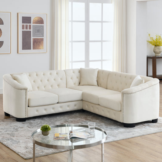 Modern Beige Velvet Chesterfield L-Shaped Sectional Sofa with Nail Head Trim