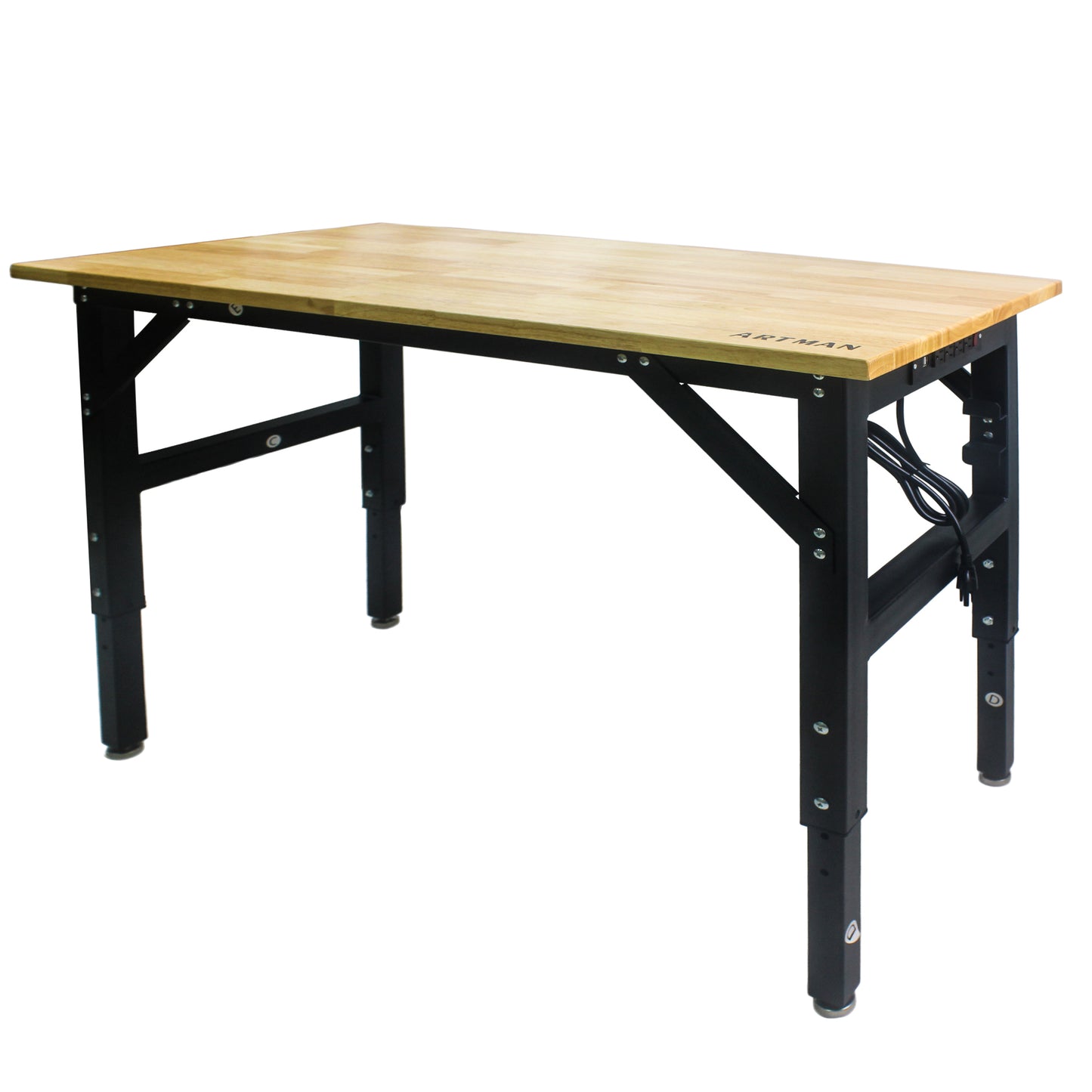 Adjustable Steel Workstation with Hardwood Top and Built-In Power Outlets