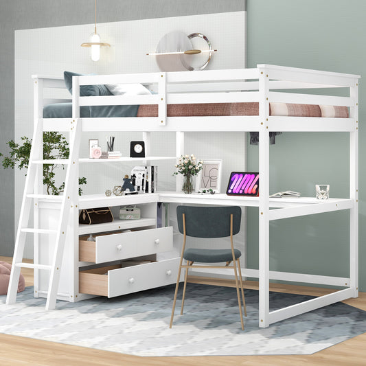 Full Size Loft Bed with Desk and Shelves,Two Built-in Drawers,White