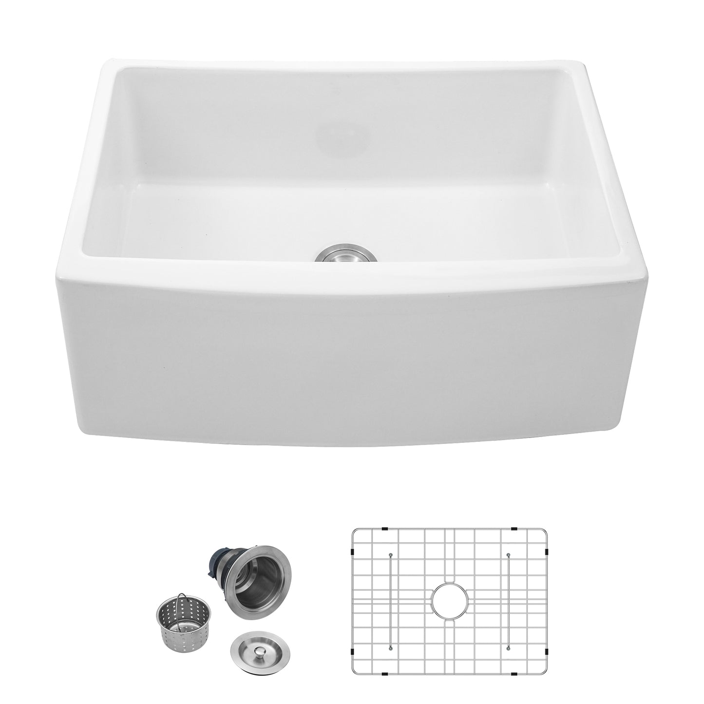 White Ceramic Farmhouse Kitchen Sink - Elegant 24-Inch Single Bowl with Arch Edge Apron