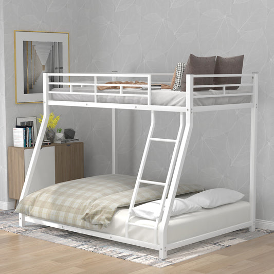 White Metal Bunk Bed with Sloping Stairs for Twin over Full Size