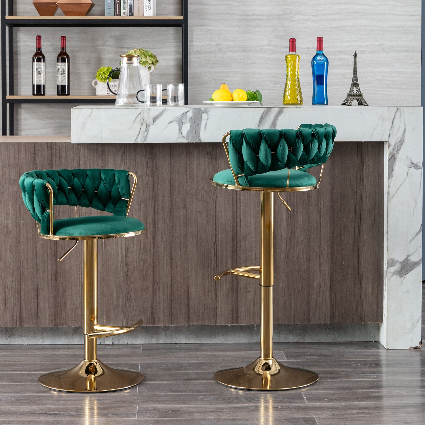 Set of 2  Bar Stools,with Chrome Footrest and Base Swivel Height Adjustable Mechanical Lifting Velvet + Golden Leg Simple Bar Stool-Green