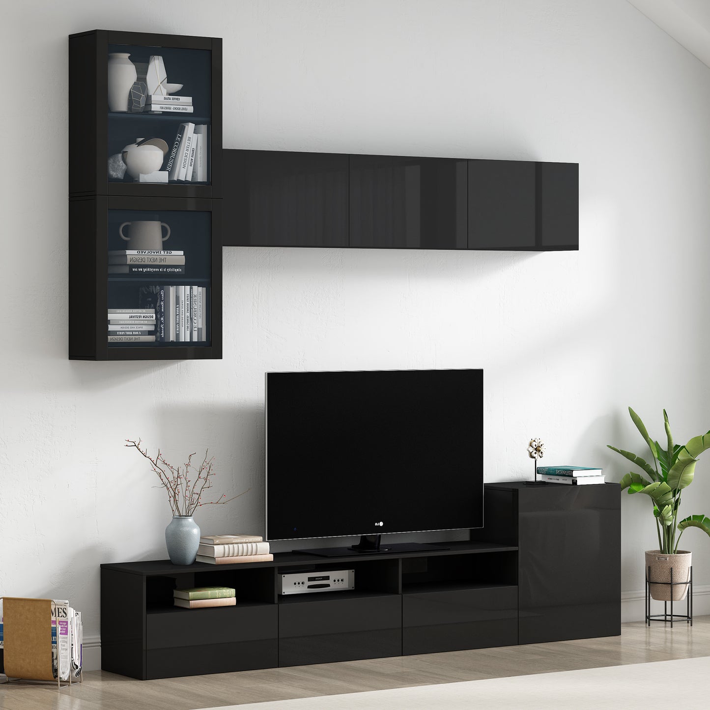 Modern Black High Gloss TV Stand with 9 Storage Cabinets