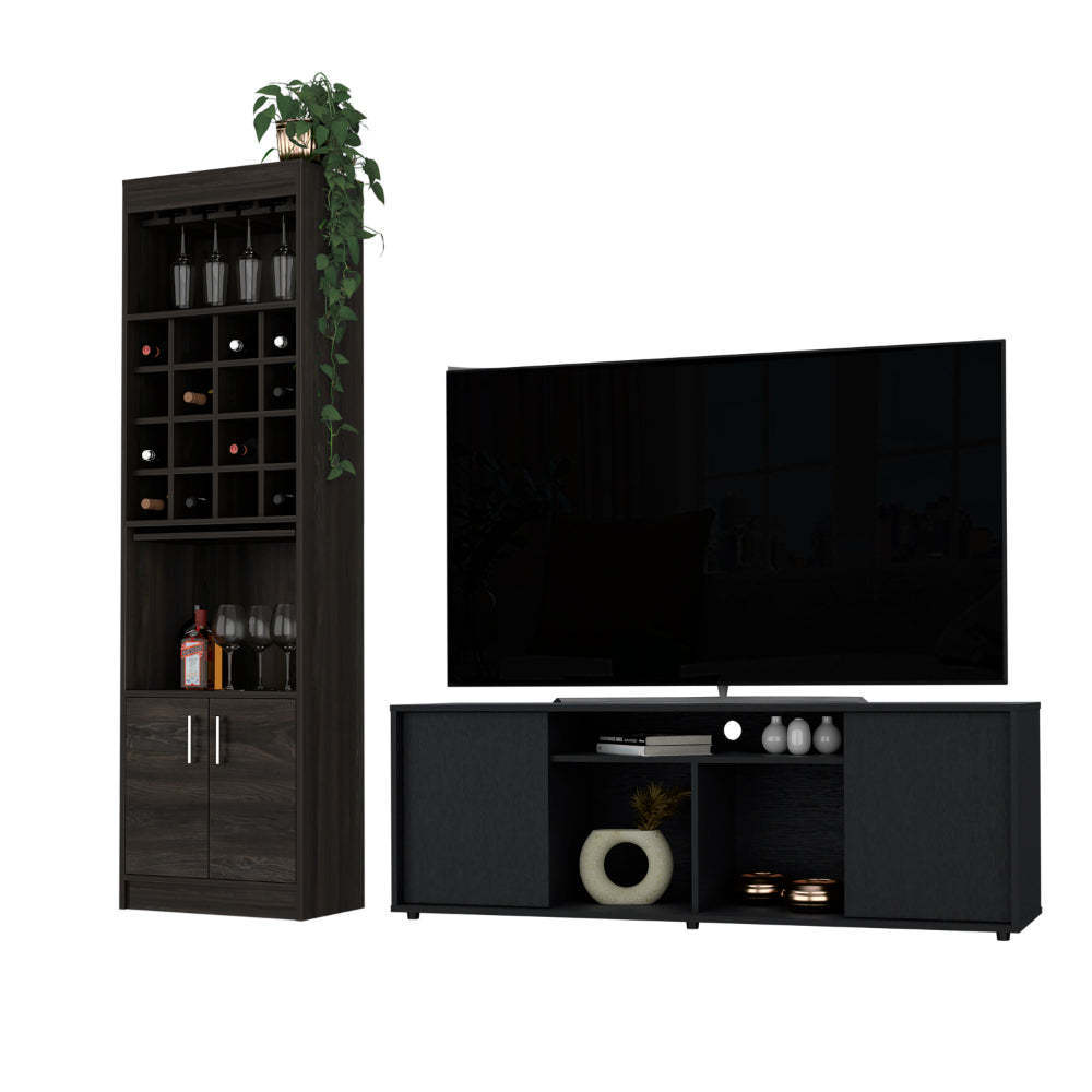 Capistrano Elegant 7-Shelf Multimedia and Liquor Cabinet Set in Black and Espresso