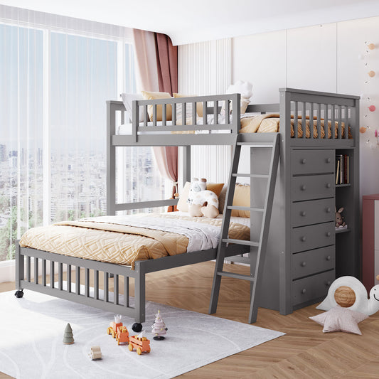 Gray Twin Over Full Bunk Bed With Storage Drawers And Wheels