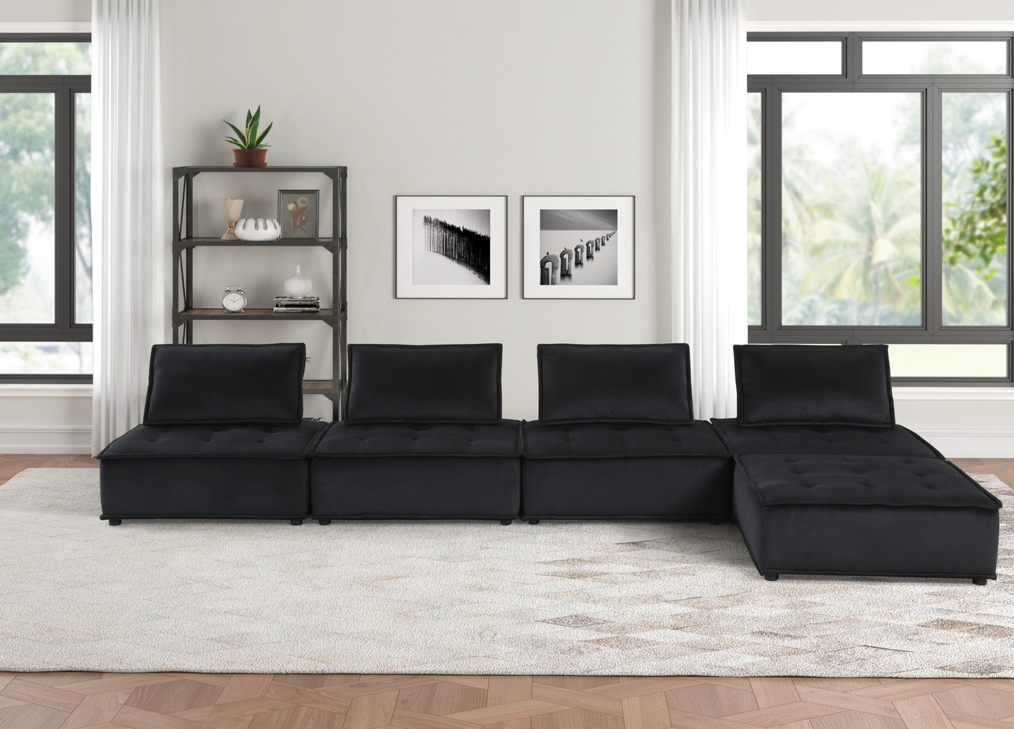 Anna Luxurious Black Velvet Sectional Sofa Ottoman