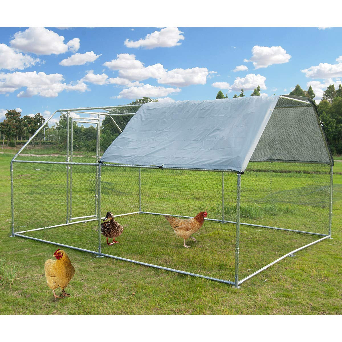 Metal Large Chicken Coop Walk-in Poultry Cage Large Chicken Run Flat Shaped Cage with Waterproof Anti-UltravioletCover, 1.26" Diameter Tube (9.8' L x 13.1' W x 6.4' H)