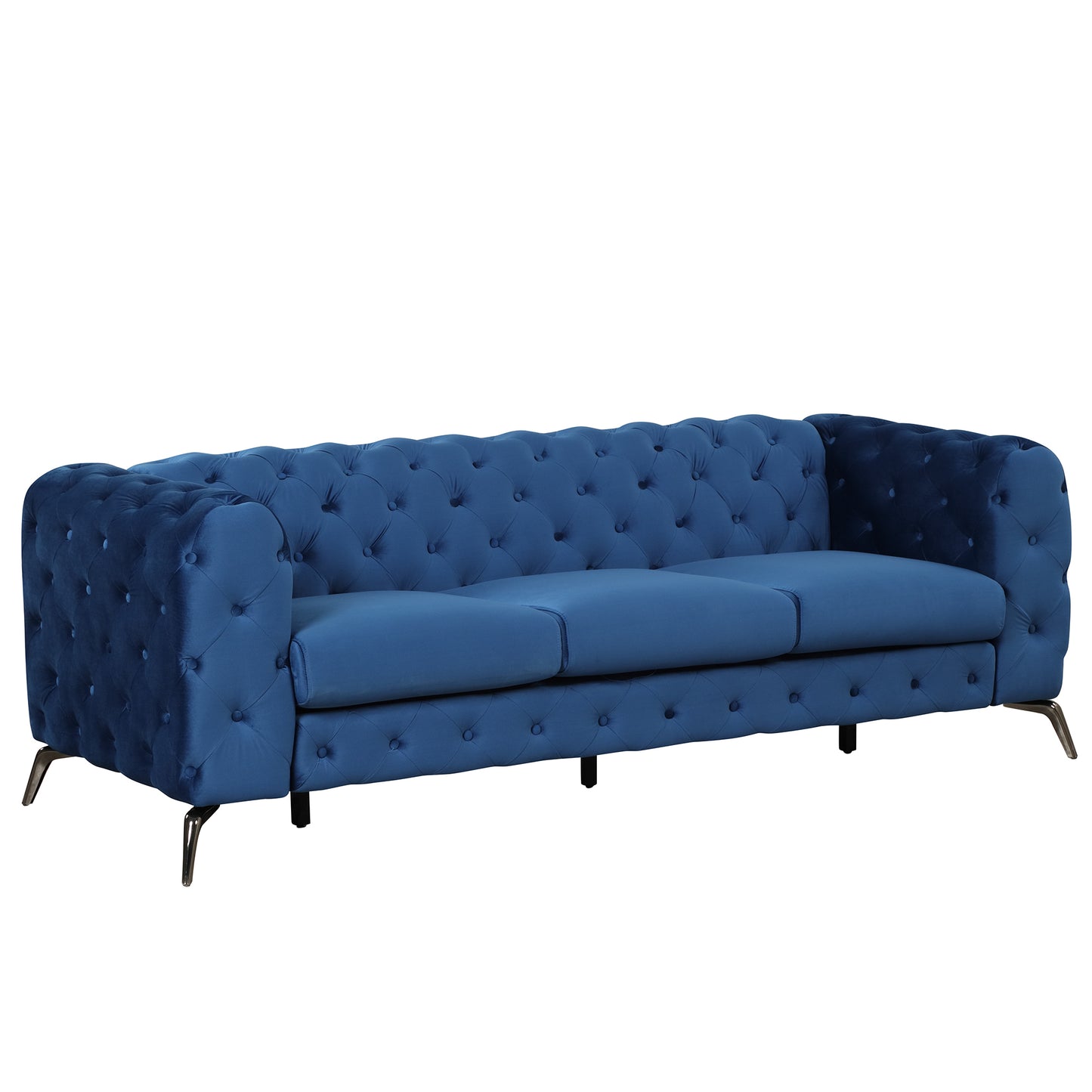 Modern Blue Velvet Upholstered 3 Seater Sofa with Button Tufted Back and Sturdy Metal Legs