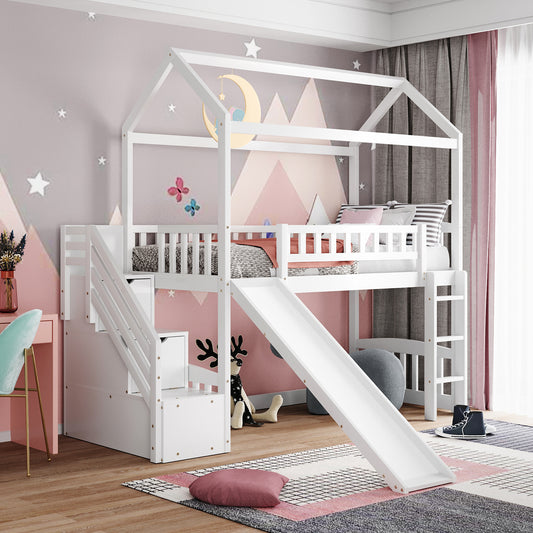 Twin Loft Bed with Two Drawers and Slide, House Bed with Slide, White