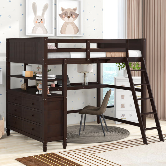 Full size Loft Bed with Drawers and Desk, Wooden Loft Bed with Shelves - Espresso