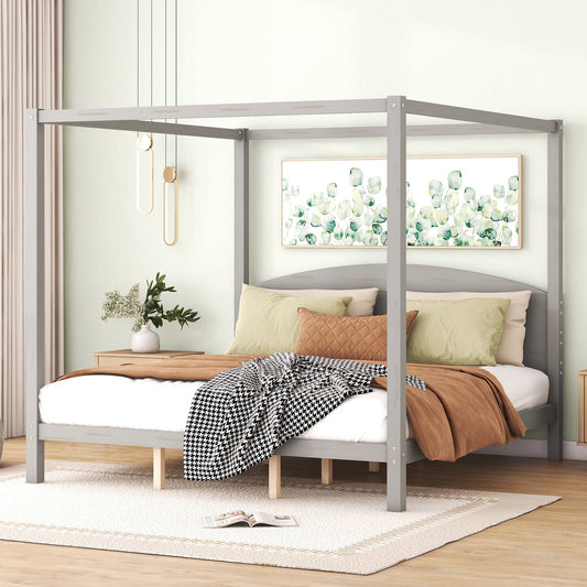 King Size Canopy Platform Bed with Headboard and Support Legs, Grey Wash