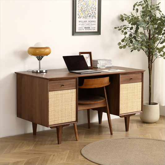 Elegant Large Black Walnut Desk with Chic Rattan Mesh Door and Spacious Storage Area