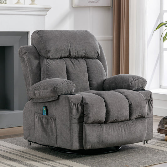 Swivel Gray Velvet Massage Recliner Sofa with Heating, USB, and Cup Holders