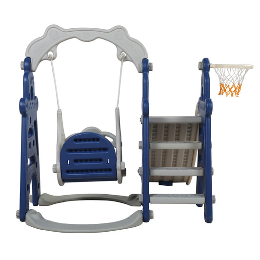 3-in-1 Kids Swing, Slide, and Basketball Set for Indoor and Outdoor Play, Blue and Gray