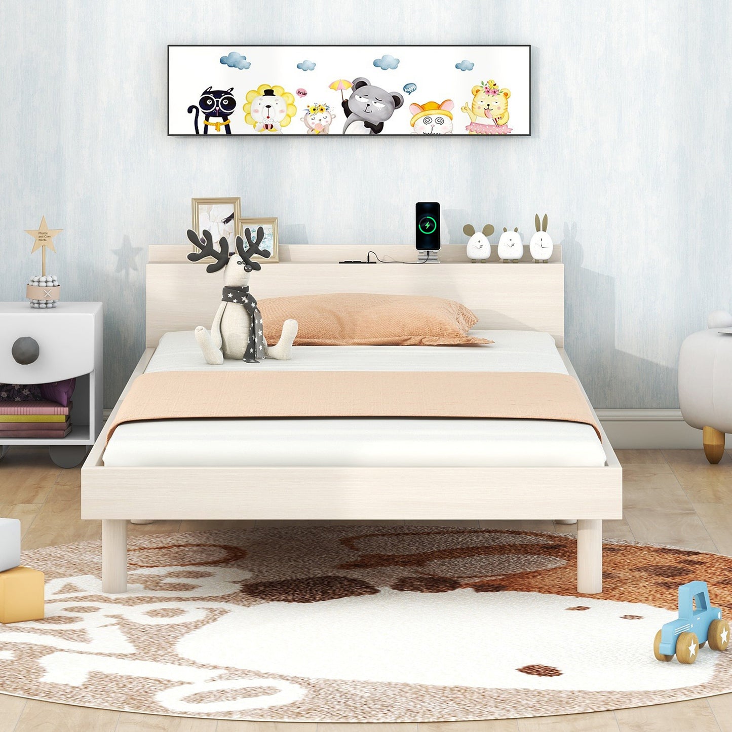 Modern Design Twin Size Platform Bed Frame with Built-in USB Ports for White Washed Color