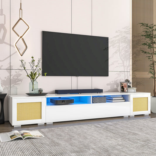 Modern White LED Entertainment Center with Rattan Style Accents and Color Changing Lights