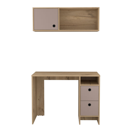 Multicolored Office Set with Desk and Wall Cabinet, Oak/Taupe Finish