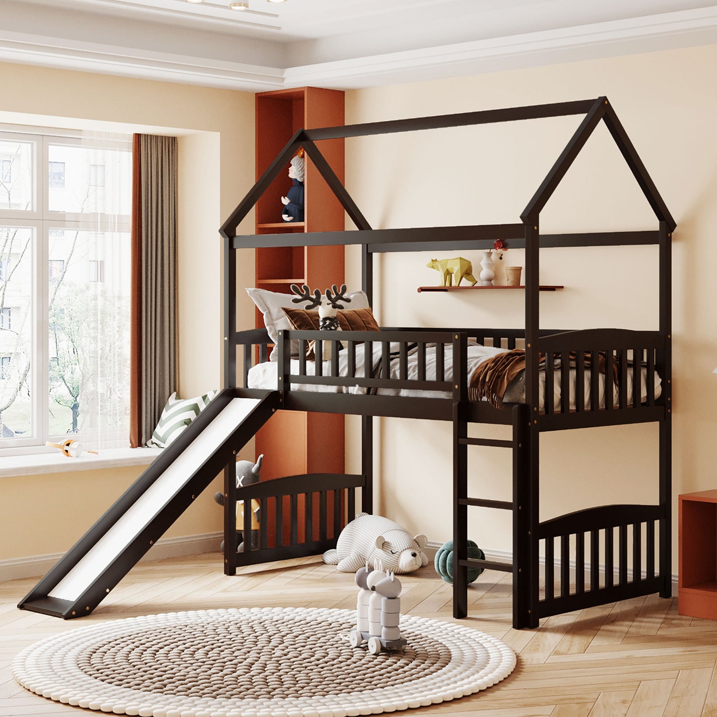 Twin Loft Bed with Slide, House Bed with Slide,Espresso( :LT000212AAP)