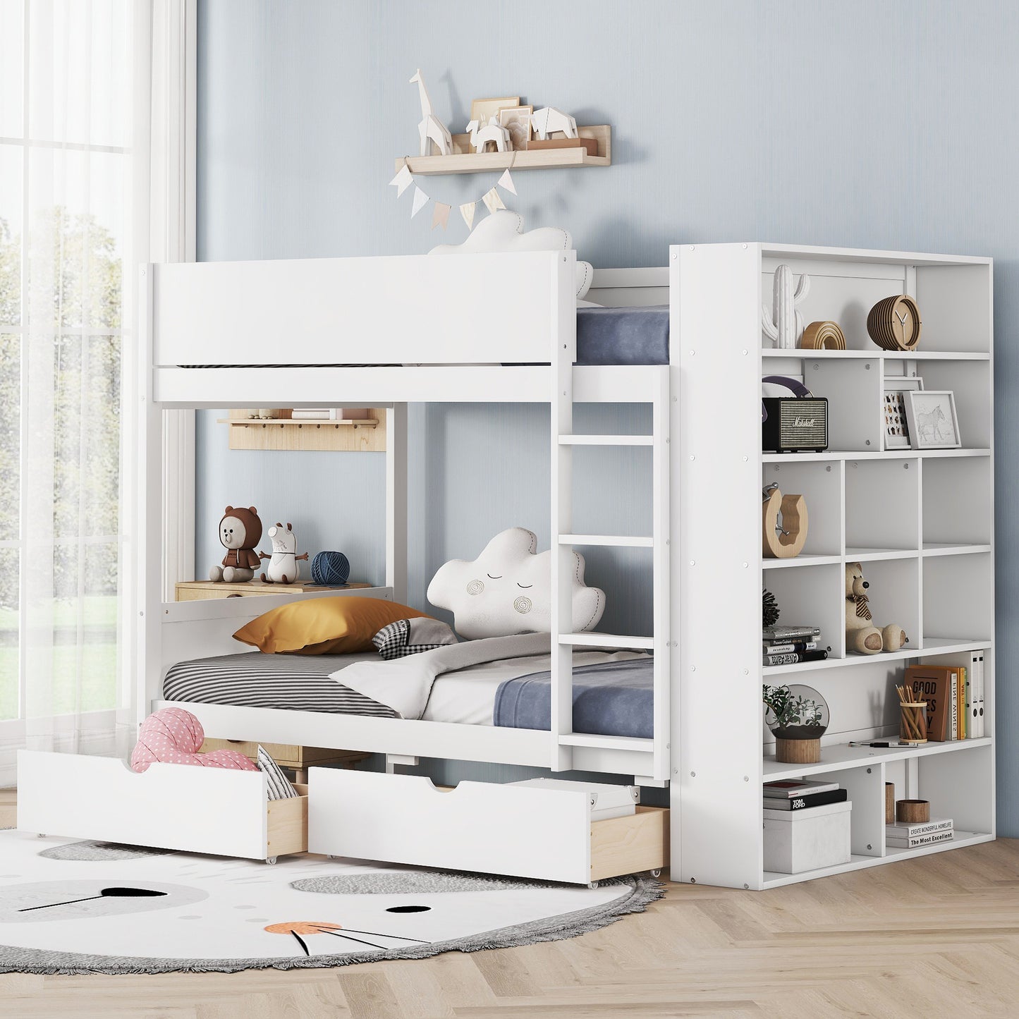 White Bunk Bed with Storage Drawers and Cabinet for Twin Size