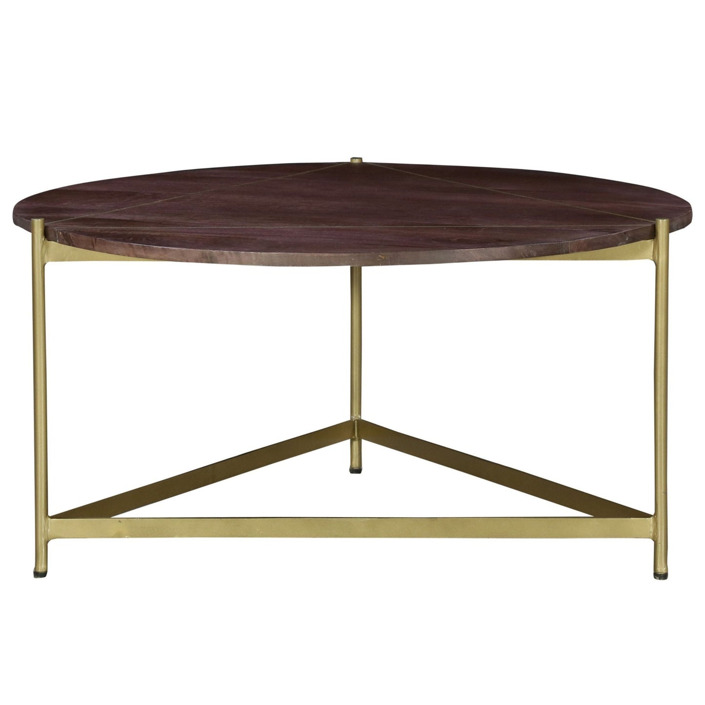 Ellis Round Wood Coffee Table with Brass Metal Base, Dark Brown and Warm Brass