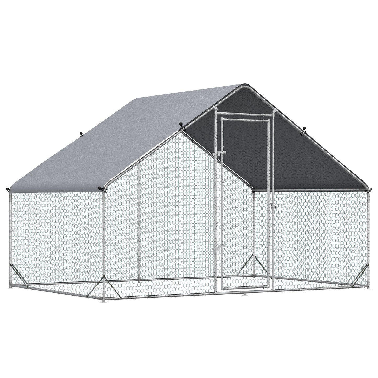 PawHut Metal Chicken Coop Run with Cover, Walk-In Outdoor Poultry Pen for Rabbits, Ducks, Large Hen House for Yard, 10' x 6.5' x 6.5', Silver