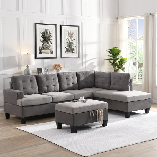 Sofa Set  for Living Room with Chaise Lounge and Storage Ottoman Living Room Furniture  Gray