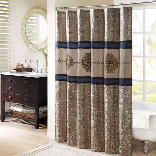 Donovan Navy Medallion Embroidered Shower Curtain