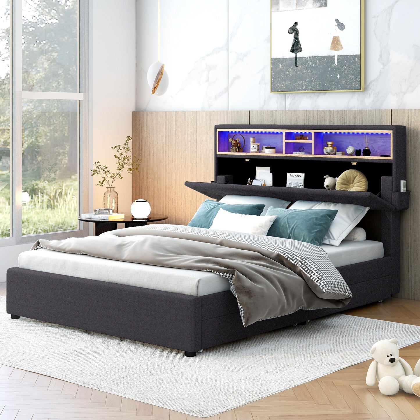 Full Size Upholstered Platform Bed with Storage Headboard, LED, USB Charging and 2 Drawers, Dark Gray