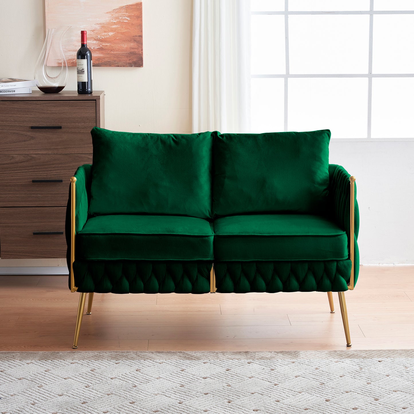 Mid Century Modern Velvet Loveseat Sofa Small Love Seats Handmade Woven & Golden Legs Comfy Couch for Living Room, Upholstered 2 Seater Sofa for Small Apartment  , Green Velvet