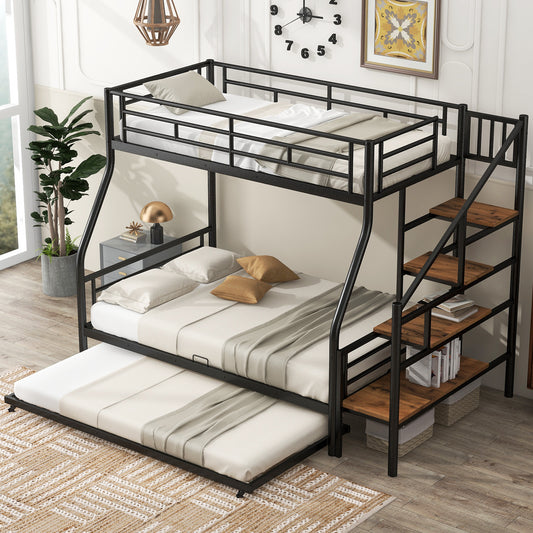 Black Metal Bunk Bed with Storage Staircase and Trundle - Twin over Full Size