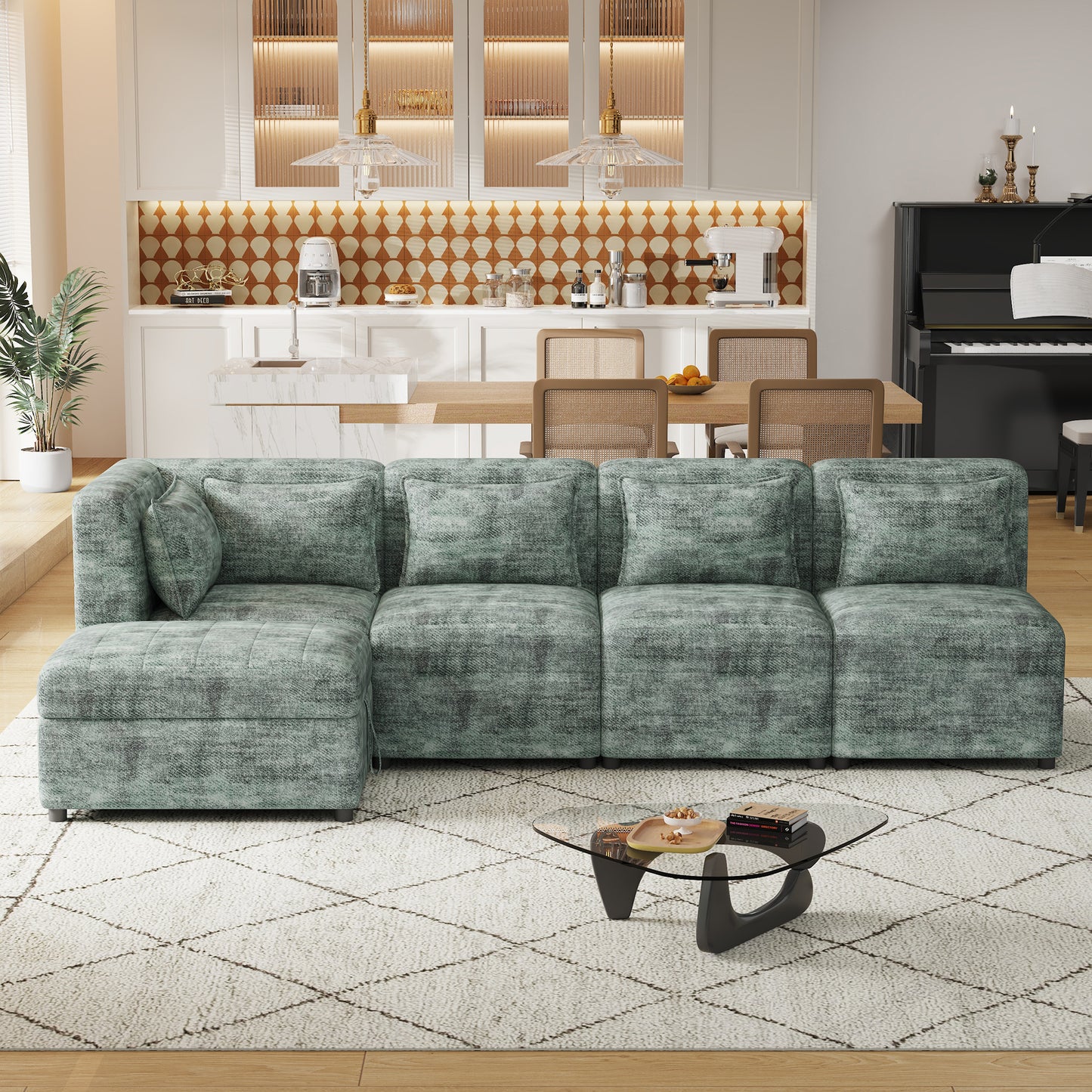 Endless Lounge Creations: Free-Combined Blue-Green Sectional Sofa with Storage Ottoman and 5 Pillows