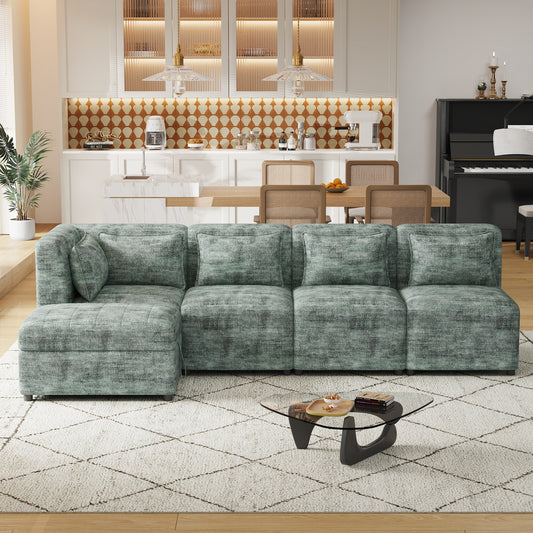 Endless Lounge Creations: Free-Combined Blue-Green Sectional Sofa with Storage Ottoman and 5 Pillows