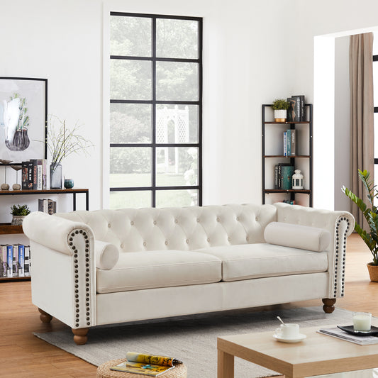 Classic Traditional Living Room Upholstered Sofa with high-tech Fabric Surface/ Chesterfield Tufted Fabric Sofa Couch, Large-White.