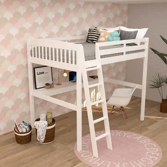 Everest White High Loft Bed with Desk and Storage, Heavy Duty Solid Wood Full Size Loft Bed Frame with Stairs for Kids and Toddlers, No Box Spring Needed