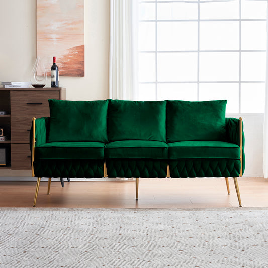 Velvet Couch Sofa for Three People , Upholstered Sofa with Stylish Woven Back, Small Comfy Couch with 3 Pillows, Modern 3-Seat Sofa with Gold Frame for Living Room , Green Velvet