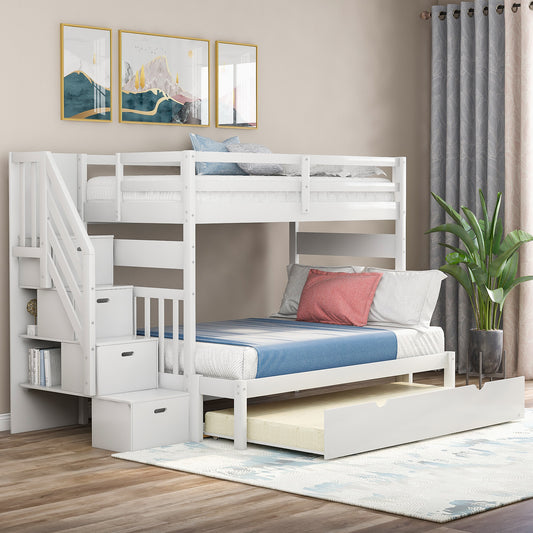 Stairway Bunk Bed with Trundle and Storage Drawers in White