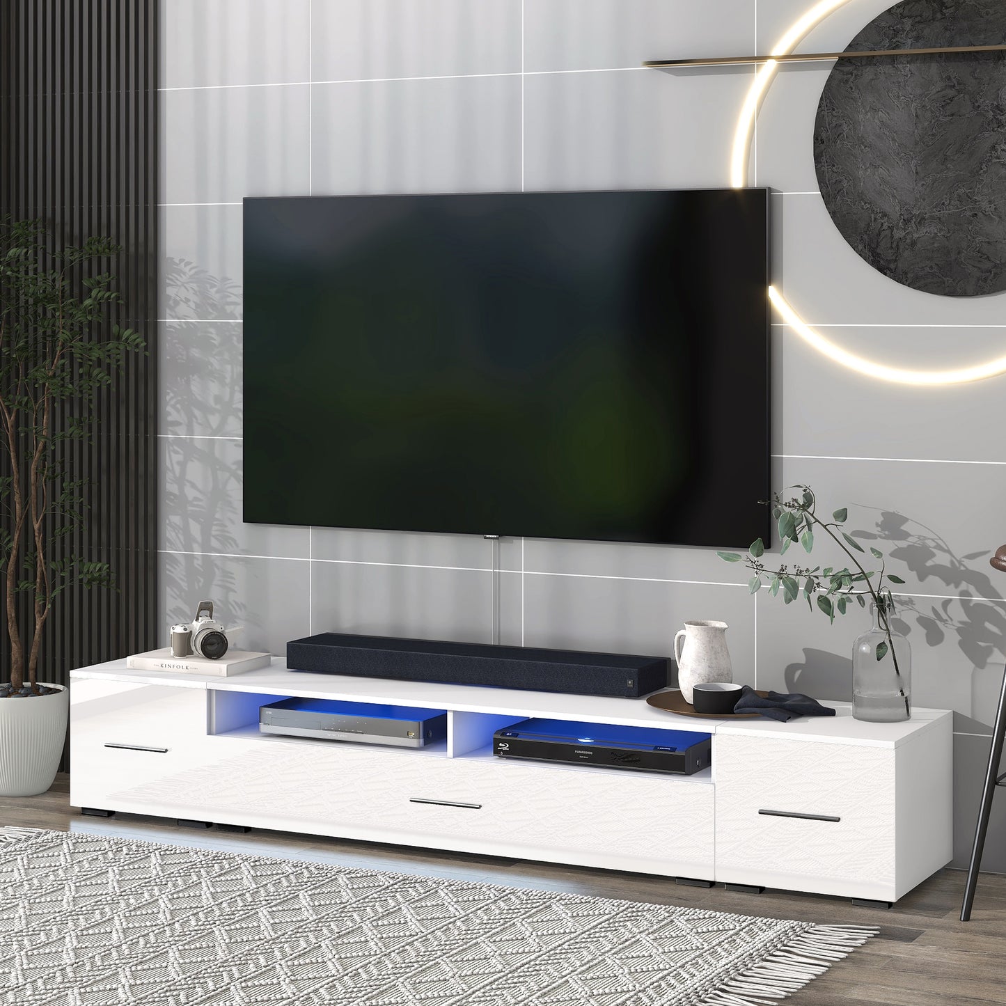 Minimalistic Extended TV Stand with Color Changing LED Lights for 90+ inch TVs