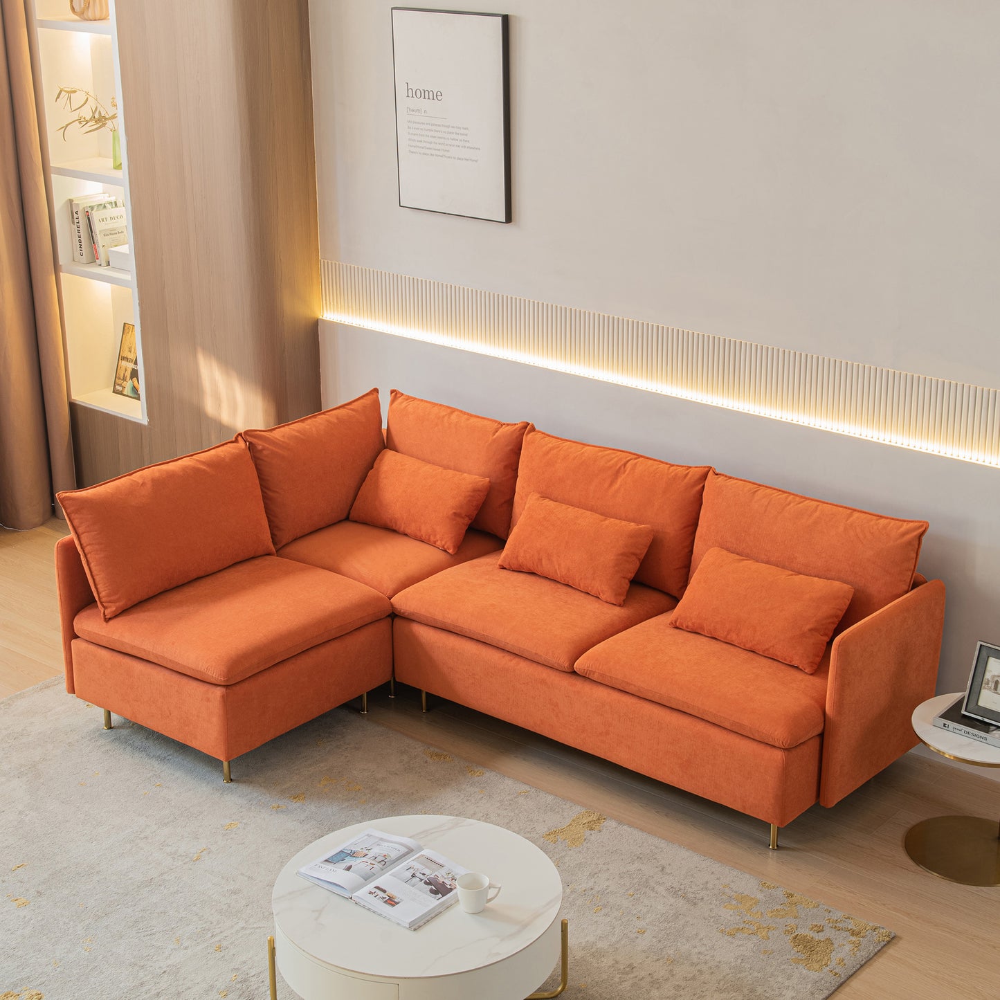 Modular L-shaped Corner sofa ,Left Hand Facing Sectional Couch,Orange Cotton Linen-90.9''