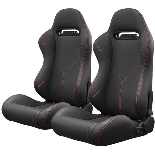 2PC Universal Bucket Racing Seats with Red Stitch and Carbon Look Leather