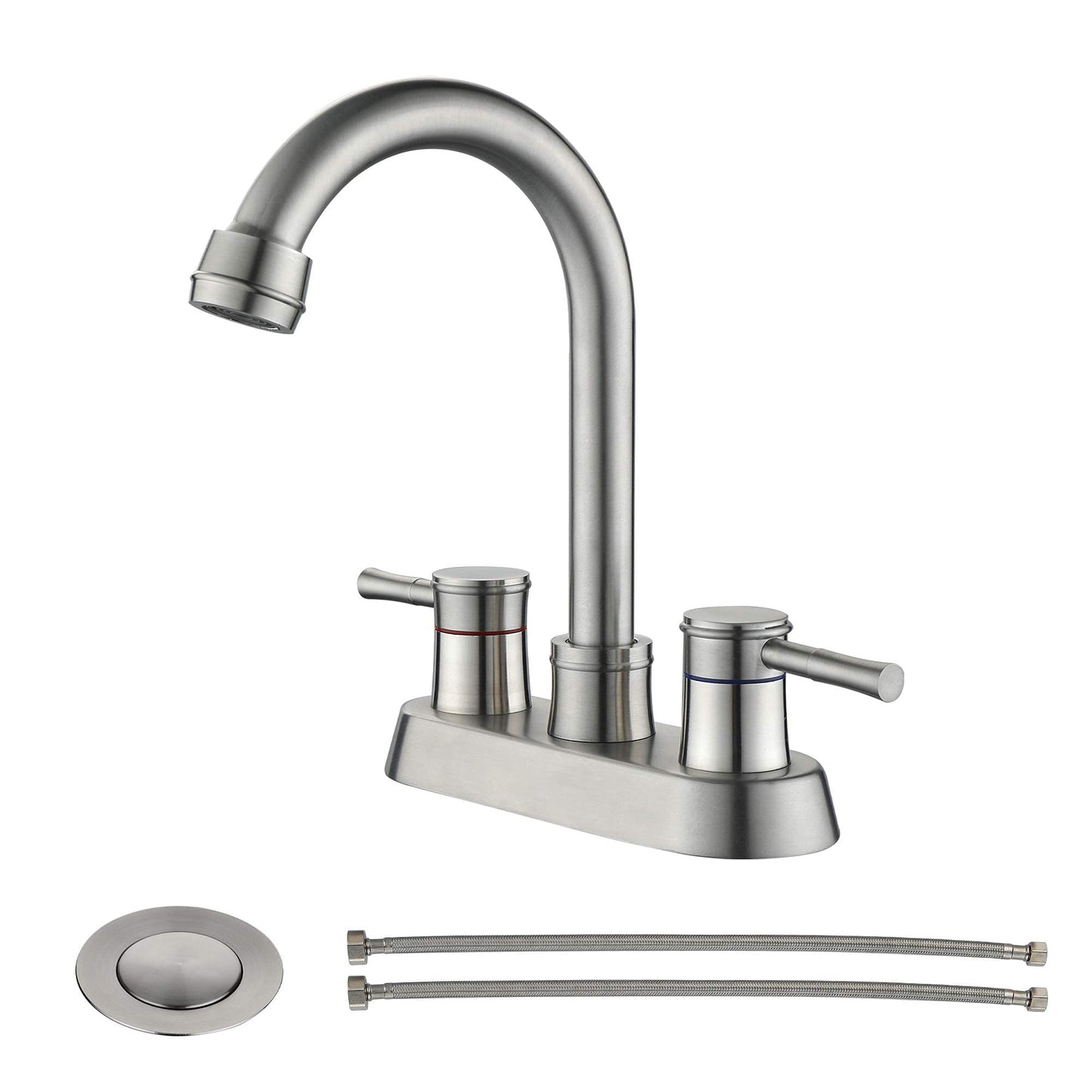 High Arc Stainless Steel Bathroom Faucet Set with Brushed Nickel Finish and Pop-Up Drain