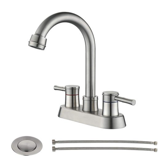 High Arc Stainless Steel Bathroom Faucet Set with Brushed Nickel Finish and Pop-Up Drain