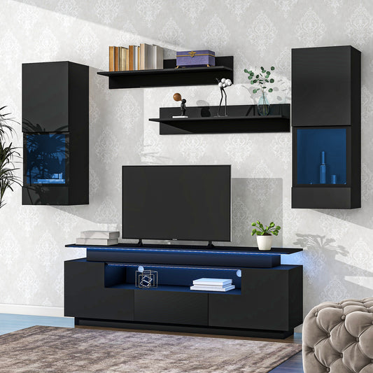 5-Piece Modern Black Floating TV Stand Set with LED Lights