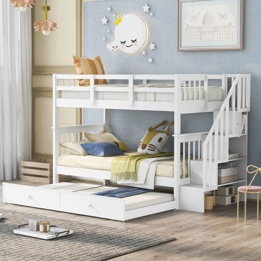 White Stairway Bunk Bed with Trundle and Storage