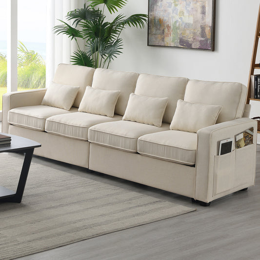 104-Inch 4-Seater Minimalist Linen Fabric Sofa with Armrest Pockets and 4 Pillows, 3 Color Options