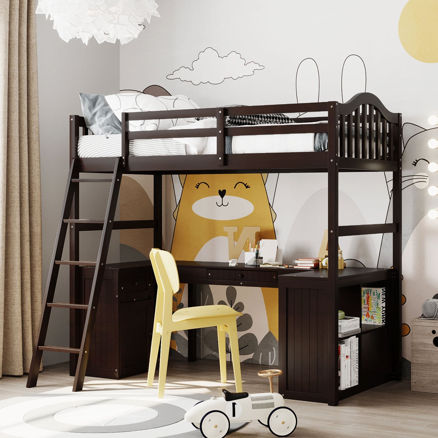 Twin size Loft Bed with Drawers, Cabinet, Shelves and Desk, Wooden Loft Bed with Desk - Espresso( :LT000505AAP)