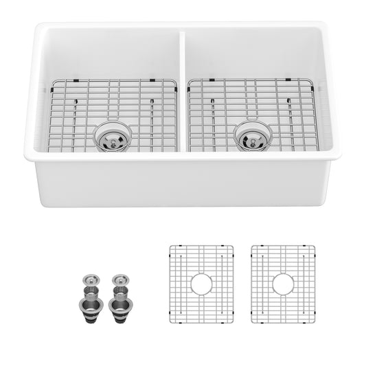 Versatile 32-Inch White Ceramic Double Bowl Kitchen Sink