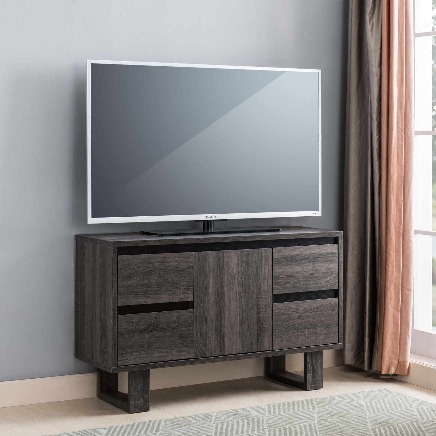 Rustic Grey and Black TV Stand with Spacious Storage