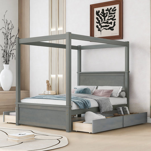 Wood Canopy Bed with four Drawers ,Full Size Canopy Platform Bed With Support Slats .No Box Spring Needed, Brushed Gray