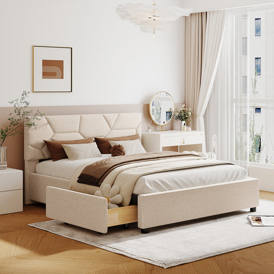 Queen Size Upholstered Platform Bed with Brick Pattern Headboard and 4 Drawers, Linen Fabric, Beige