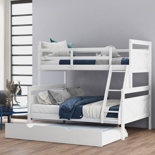 White Twin over Full Bunk Bed Set with Trundle, Guardrail, and Ladder